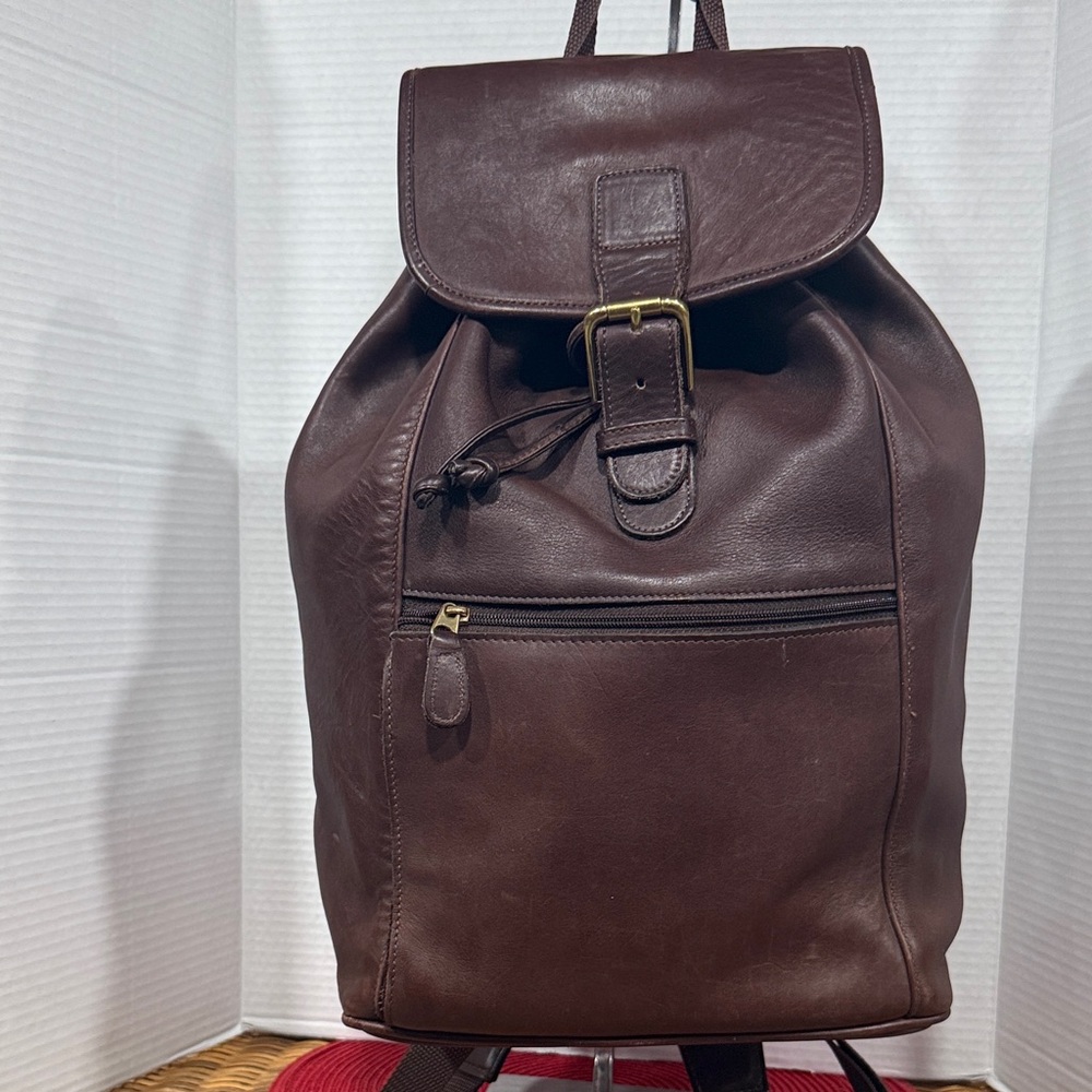 Coach Unisex Dark Brown Leather Drawstring Backpack with Buckle